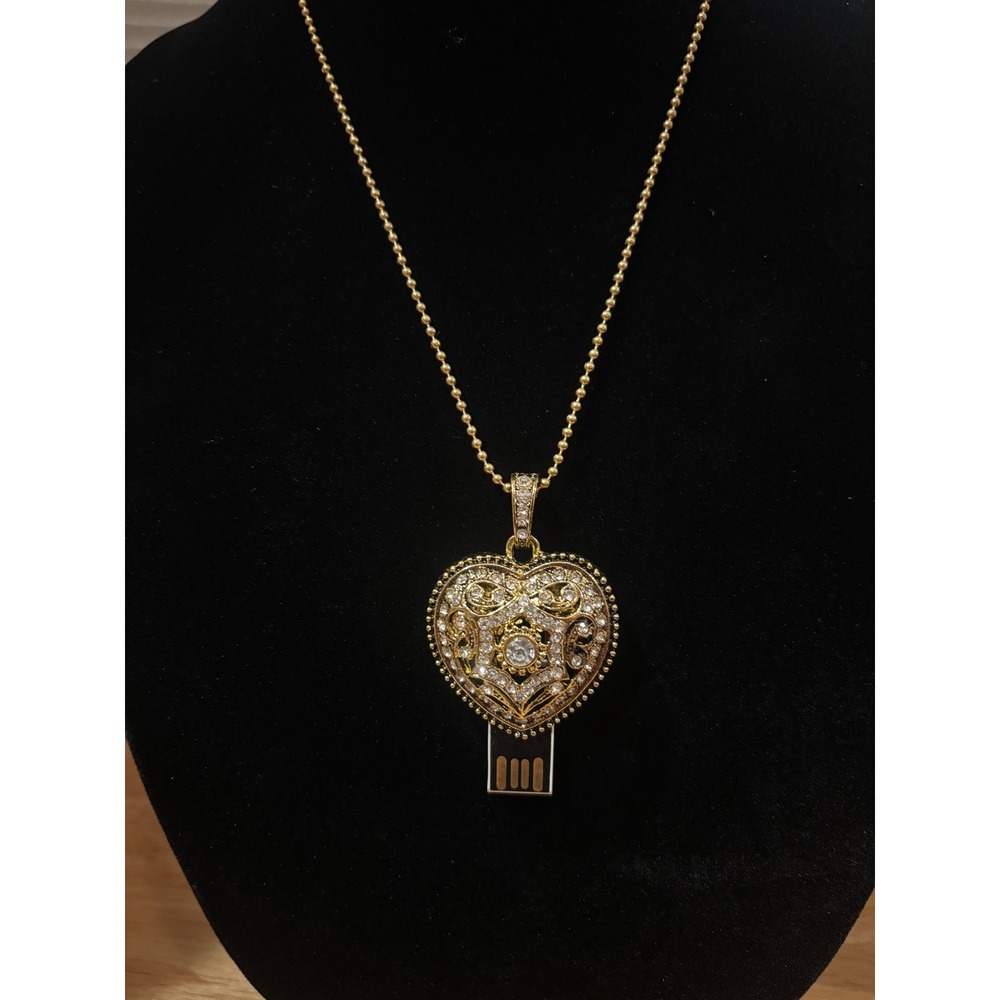 Vintage Gold Heart Pendant Necklace 4GB USB Flash Drive Rhinestone Filigree 25in